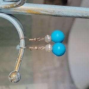 Turquoise beaded dangling earrings silver, 1.5 inch